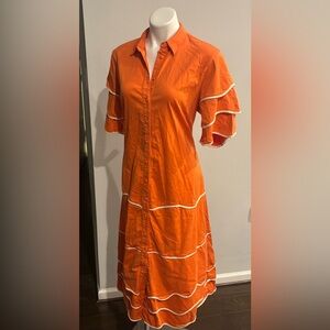 Alexis Rhodes Orange Button-Front Tiered Midi Dress with White Trim